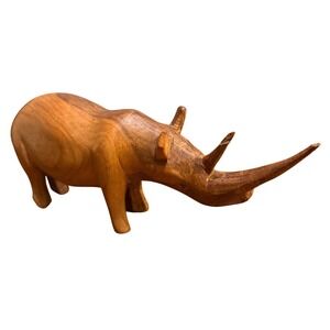 Hand Carved Wooden Rhinoceros Animal Figurine Rustic Home Decor Accent